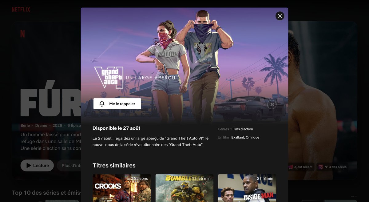 gta6hubfr's tweet photo. Détail intéressant : Netflix ne range pas ça dans les bandes-annonces.

C'est classé en "Films d'action", et la fiche dit littéralement "Un film".

On ne fait pas ça pour 90 secondes de trailer. Notre pari gameplay se renforce. 

#GTAVI #Netflix https://t.co/jYxHIqit4y
