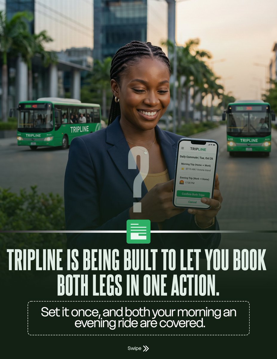 TriplineAfrica's tweet photo. Booking your morning ride and evening ride separately, every single day? That's two decisions you don't need to make. 😩

TripLine lets you set both in one action. Building in public, join the waitlist 👇

#TripLine #LagosTraffic #BuildInPublic https://t.co/0GLQUcU6oo