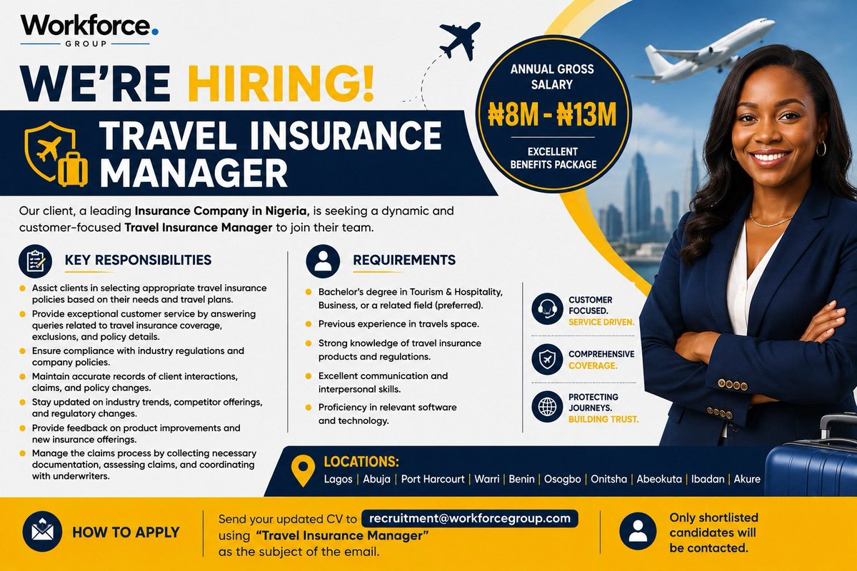 Sirbash18's tweet photo. 💰 Annual Gross Salary: ₦8,000,000 – ₦13,000,000

📧 How to Apply
Interested and qualified candidates should send their updated CV to recruitment@workforcegroup.com using "Travel Insurance Manager" as the subject of the email.

Only shortlisted candidates will be contacted. https://t.co/TlsEIoY0Tf