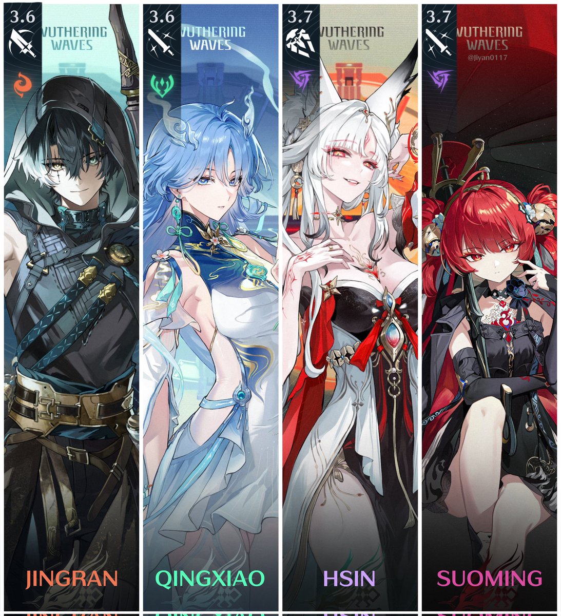 Jiyan0117's tweet photo. Wuthering Waves Roadmap Update 

Jingran: Broablade / Fusion v3.6

Qingxiao: Sword / Aero v3.6

Hsin: Rectifier / Electro v3.7 ( Sentinel STC )

Suoming: Sword / Electro v3.7

Source: Seele Leaks &amp; Fractured Shores

#Jingran #Suisui #Hsin #Qingxiao #Suoming #WutheringWaves https://t.co/RHyZJrKdcU