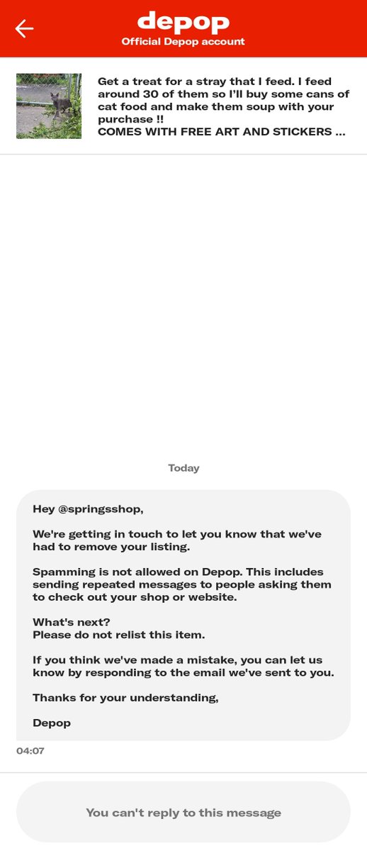 puffys_art's tweet photo. The one thing that's been helping me get cat food depop removed it. I never messaged anyone to buy or harassed in any way idk what to do now https://t.co/hjoXXLWTnw