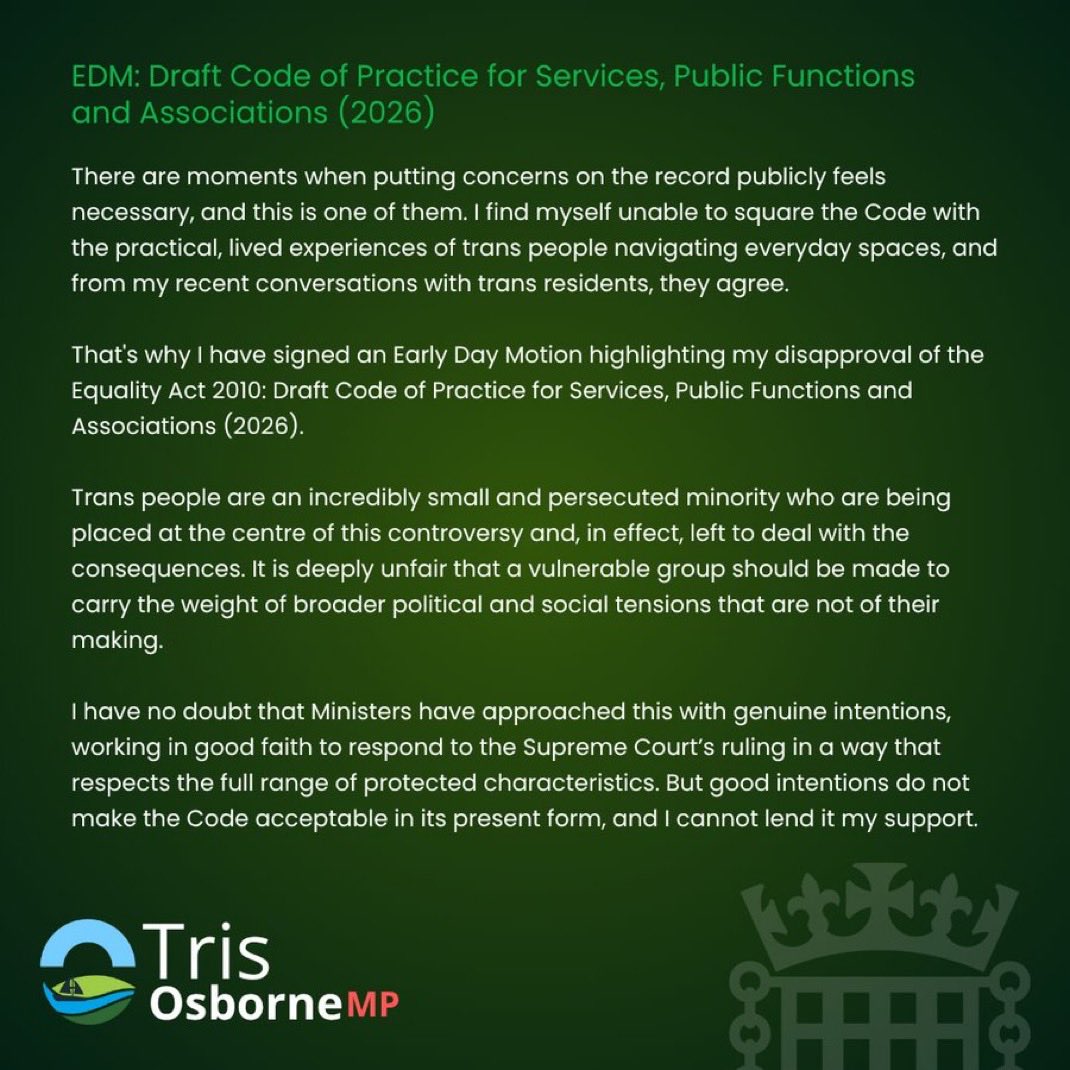 TrisOsborneMP's tweet photo. Yesterday, the EHRC Code took effect, restricting which toilets people can use.

I backed EDM 240 calling it unworkable for all sides.

We must have a better, more civil, debate on how we resolve issues, with workable outcomes. https://t.co/bJcoL5XlWt