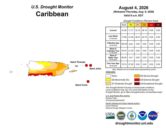 NWSSanJuan's tweet photo. [Aug 6] Update

Southern portions of Puerto Rico (from Cabo Rojo through Salinas) are now under 𝐄𝐱𝐭𝐫𝐞𝐦𝐞 𝐃𝐫𝐨𝐮𝐠𝐡𝐭 (D3). Meanwhile, the U.S. Virgin Islands remain in Extreme Drought as well. 

#prwx #usviwx https://t.co/eIbEuAna9I