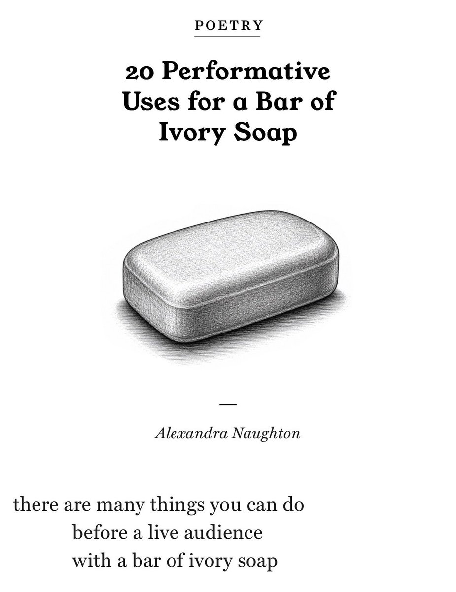 alexandranaught's tweet photo. personality-wise, unfortunately, I’m more of a John Lennon. But I did have a Paul McCartney moment earlier this year when this poem came to me, nearly fully formed, in a dream. Read 20 Performative Uses for a Bar of Ivory Soap, up today on @BulbRegion
https://t.co/qCD4UiZcRd https://t.co/5KzsDdrxo2