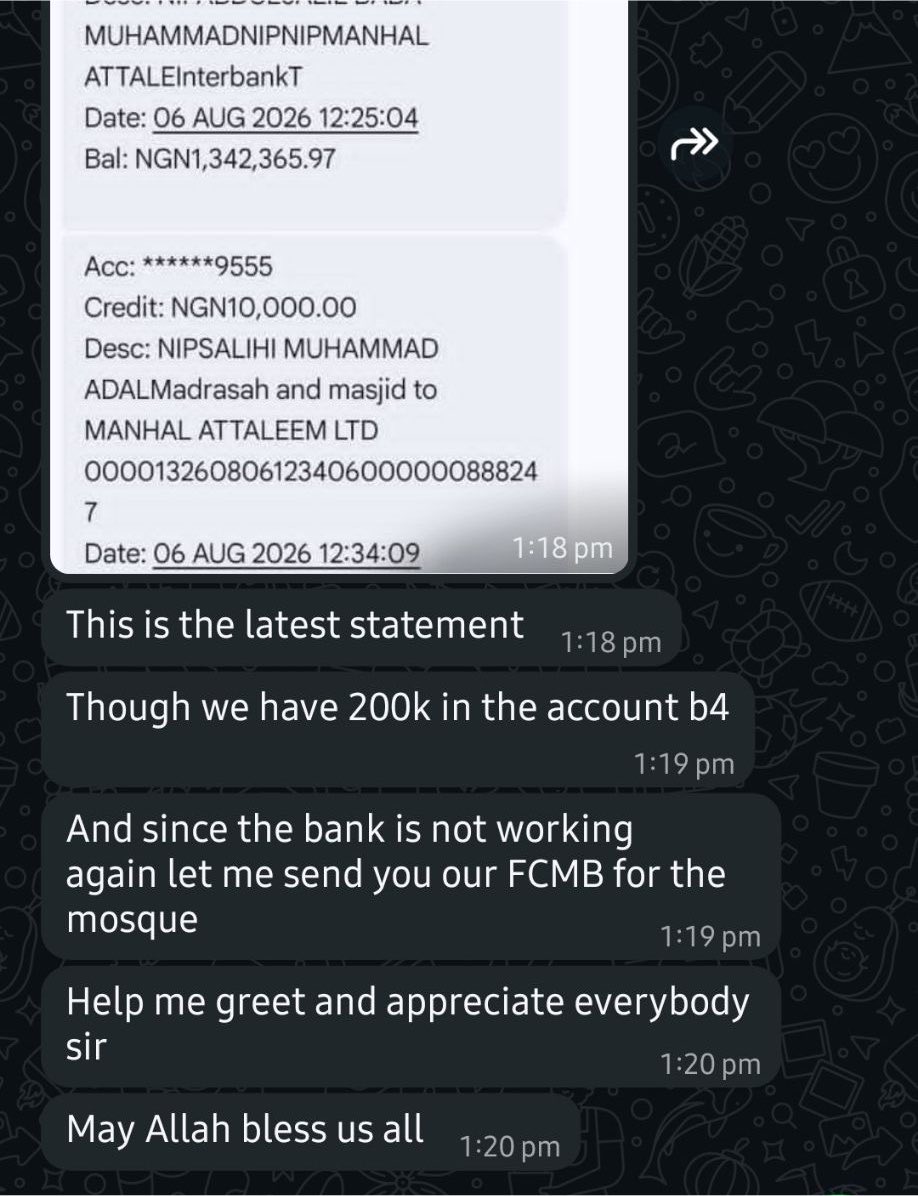 oil_shaeikh's tweet photo. For those having difficulties sending money to Lotus bank, kindly send to this account, belongs to same Madrasah/Islamiyya
7085168013
FCMB
AT-TAWDEEH ISLAMIC DA'WAH.
This  is one of the mosque account
As at now, donations stand at 1.1m let’s try as much as possible to donate towards this good work.