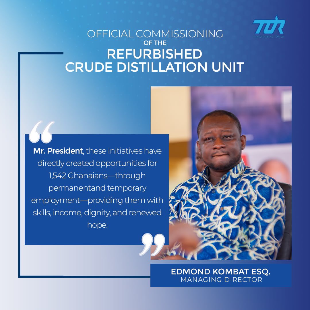 TemaOilrefinery's tweet photo. Full Excerpts from the Speech Delivered by the Managing Director of Tema Oil Refinery Limited, Edmond Kombat Esq., at the Official Commissioning of the Refurbished Crude Distillation Unit (CDU) and the Receipt of the Jubilee Crude on Saturday, 1st August 2026.
#TORIsBack
#TORReset
#GhanaEnergySecurity #TemaOilRefinery