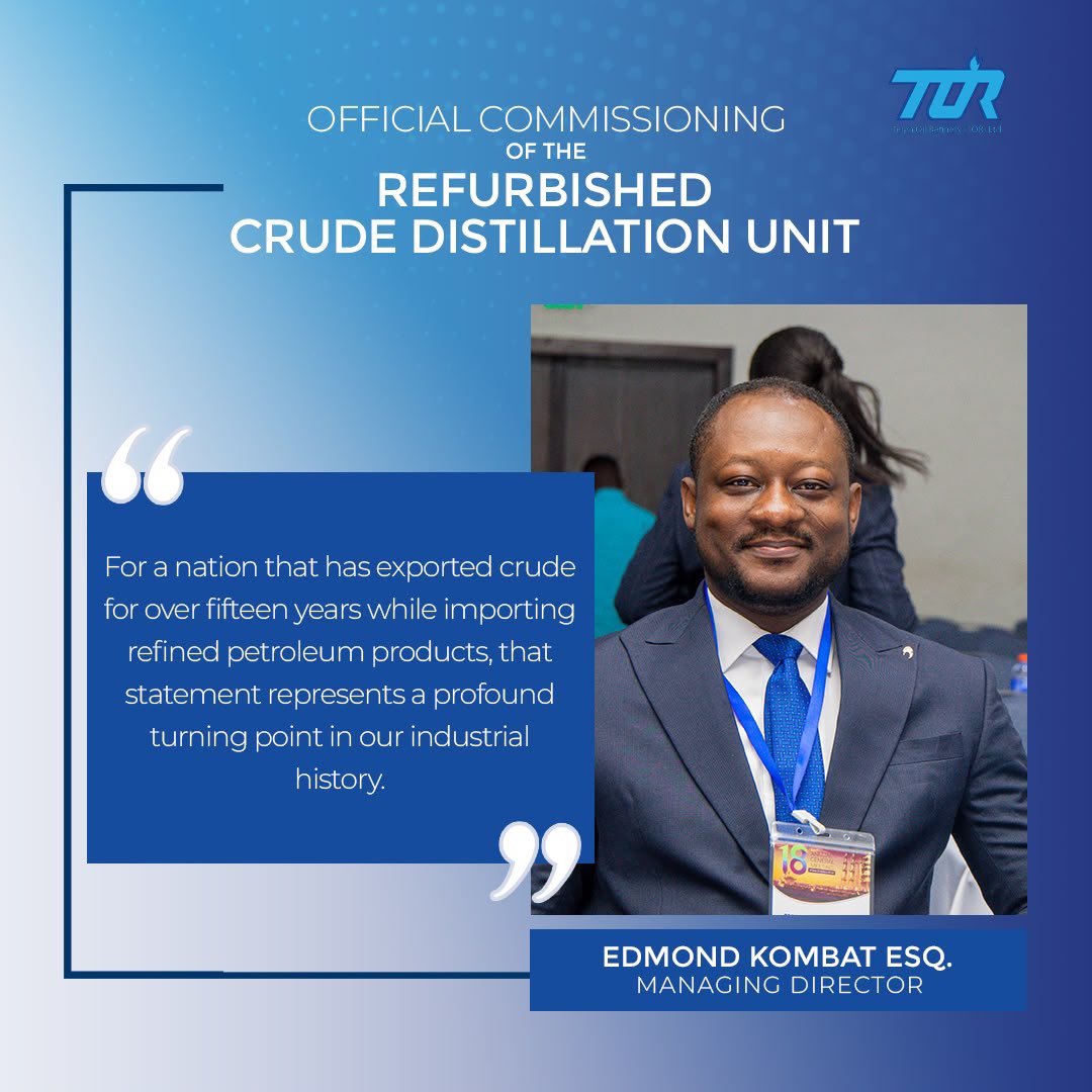 TemaOilrefinery's tweet photo. Full Excerpts from the Speech Delivered by the Managing Director of Tema Oil Refinery Limited, Edmond Kombat Esq., at the Official Commissioning of the Refurbished Crude Distillation Unit (CDU) and the Receipt of the Jubilee Crude on Saturday, 1st August 2026.
#TORIsBack
#TORReset
#GhanaEnergySecurity #TemaOilRefinery