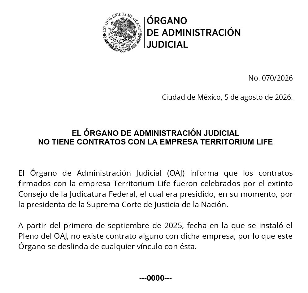 ErnestoGuerra_'s tweet photo. 🗞️📰 DICE EL ÓRGANO DE ADMINISTRACION JUDICIAL QUE SE DESLINDA DE LA EMPRESA TERRITORIUM LIFE PERO…

En febrero de 2026 se realizó el Cuarto concurso de oposición escolarizado en el PJF a través de la Plataforma supervisada por Territorium.

📸del OAJ y redes https://t.co/br6ECa7HLi