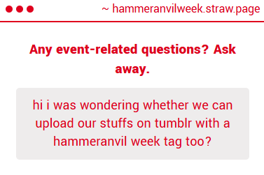 hammeranvilweek's tweet photo. You can def mention it's for the event (in the description, for example), but unfortunately the event itself won't be hosted on Tumblr for various reasons. Meaning I won't be checking there. So your options to be included in the collection/twt threads are either here or AO3. https://t.co/AFUg1f6J0K
