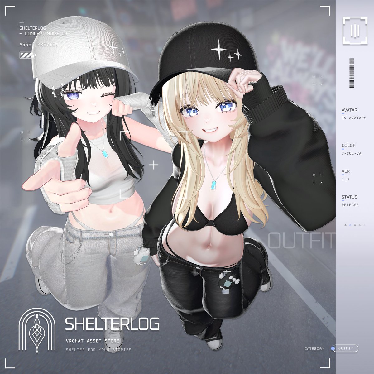 SHELTERLOG_0's tweet photo. 【無料配布のお知らせ】🎉

「noise00」ラインの完成＆衣装の初リリースを記念して、木曜日の22時から24時（深夜0時）までの【2時間限定】で衣装アセットを無料配布いたします！ ぜひBOOTHの「スキ（❤️）」をお願いいたします🙇‍♀️

「NOISE_00」は、スポーティーかつトレンディなY2Kムードを演出した衣装です✨
キャップやチェーン、たまごっち型の可愛いキーリングなど、ユニークなアクセサリーも同梱されており、様々なスタイリングをお楽しみいただけます🎧

🔗https://t.co/STynq85Lfj