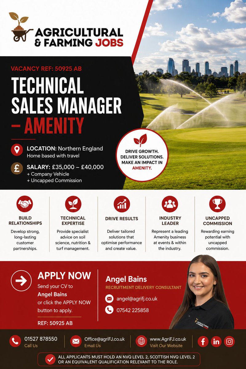 Agriculturaljob's tweet photo. New Job Opportunity - Technical Area Sales Manager
๐Northern England - Home based with travel
๐ฐ Circa ยฃ40,000 Salary + Commission + Vehicle
To apply, please send your CV to ๐ง Angel@AgriFJ.co.uk
#agrifj #technicalsales #turfsalesm#amenitysales #fertiliser #soilnutrition https://t.co/dOb061h8ww