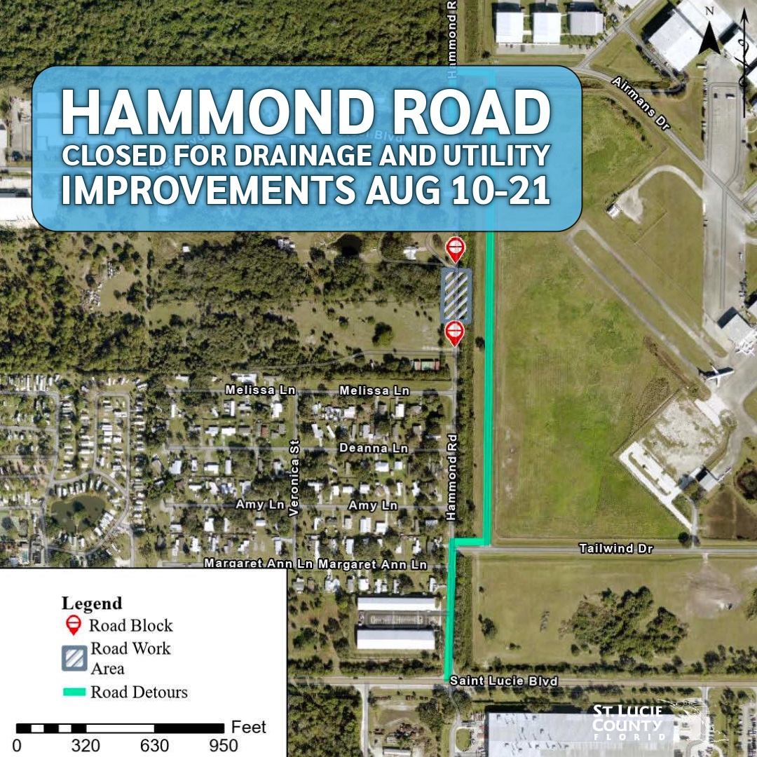 StLucieGOV's tweet photo. Hammond Rd (Steel Blvd to St. Lucie Blvd) will be closed Aug 10–21 for drainage & utility work. Follow detour signs—see attached map. Questions? Contact Public Works Engineering at 772-462-1707.
#StLucieCounty #RoadClosures https://t.co/bkx4oviNj9