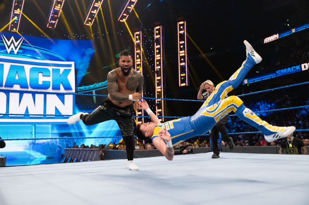 USANetwork's tweet photo. 5 years ago Jey Uso and Dominik Mysterio went head-to-head on SmackDown, with Jey Uso getting the win! #WWE #WWEThrowback https://t.co/mTvAX0LEYm