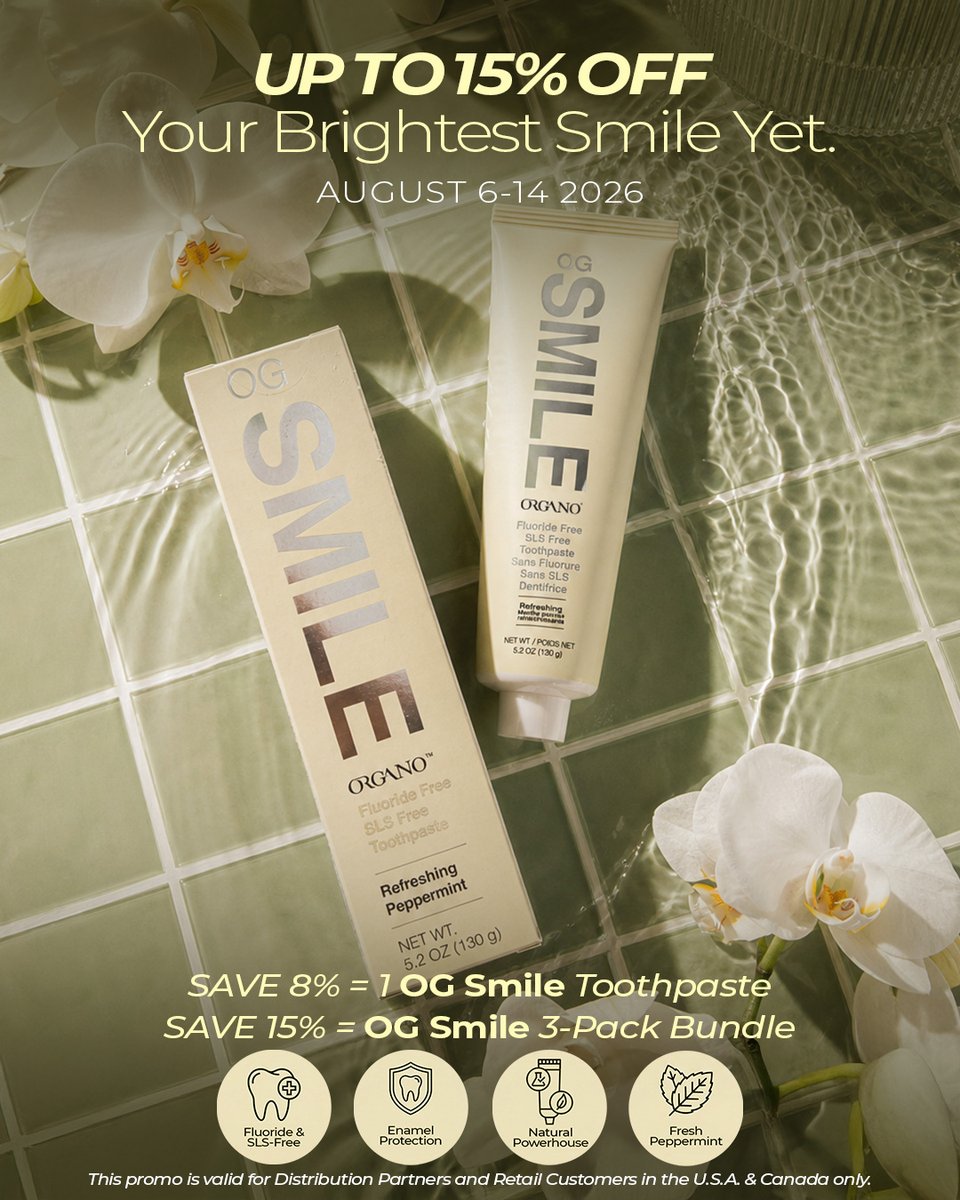 OrganoGold's tweet photo. Clean ingredients. Big savings. Your brightest smile yet. From August 6–14, get up to 15% OFF OG Smile Toothpaste!

SAVE 8% — Single Tube
SAVE 15% — 3-Pack Bundle

Powered by natural ingredients, zero SLS or fluoride, and full of fresh peppermint goodness. 🦷
#FeelTheClean https://t.co/PKT0nCOtkk