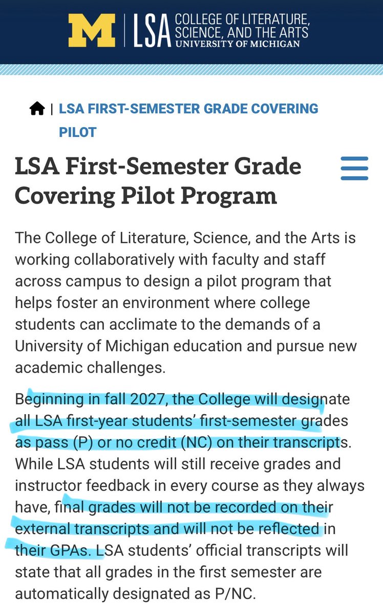 neetu_arnold's tweet photo. Oh wow 😬

University of Michigan will HIDE first-semester grades on transcripts for students in the College of Literature, Science, and the Arts

It’s to “curb the mental health crisis”

AND

The policy is mandatory for all students bc “covering an individual’s grades will inadvertently become equated w/them not doing well in a class”
