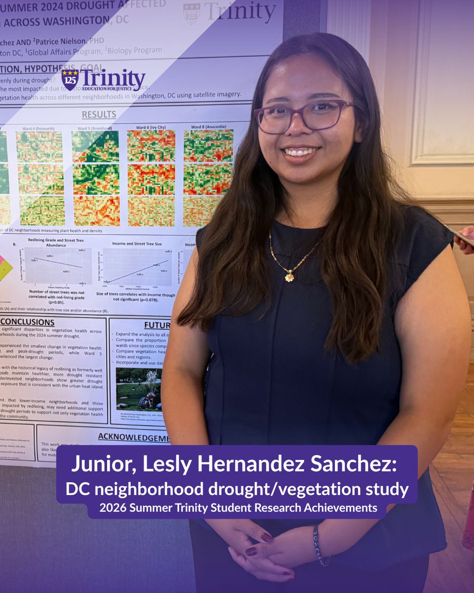 TrinityDC's tweet photo. Meet rising Junior, Lesly Hernandez Sanchez, one of #TrinityDC’s outstanding student researchers for the Summer 2026 program. Swipe through to learn all about her DC neighborhood drought/vegetation study. https://t.co/A0qs6r9GBA