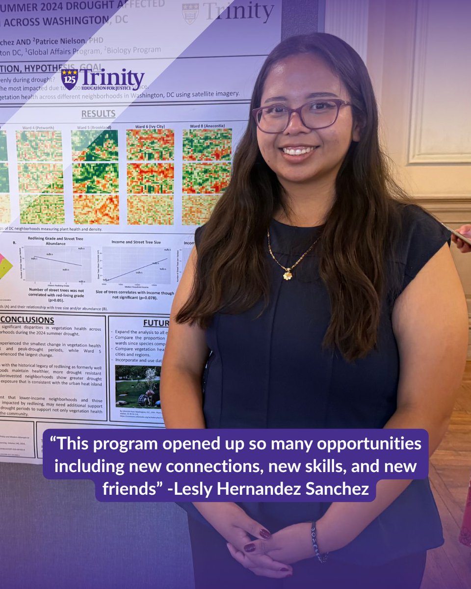 TrinityDC's tweet photo. Meet rising Junior, Lesly Hernandez Sanchez, one of #TrinityDC’s outstanding student researchers for the Summer 2026 program. Swipe through to learn all about her DC neighborhood drought/vegetation study. https://t.co/A0qs6r9GBA