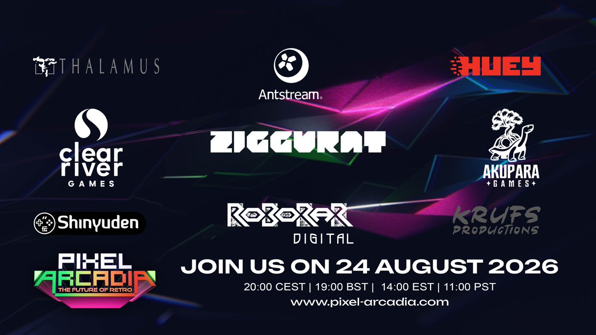 PixelArcadiaShw's tweet photo. The excitement keeps building! 🕹️💥 Here is our third wave of amazing publishers joining the Pixel Arcadia line up:

🎮 @clearrivergames
🎮 @roborardigital
🎮 @huey_games
🎮 @shinyuden
🎮 @akuparagames
🎮 @thalamusdigital
🎮 @krufs
🎮 @playziggurat
🎮 @AntstreamArcade https://t.co/RYUvPOrddq