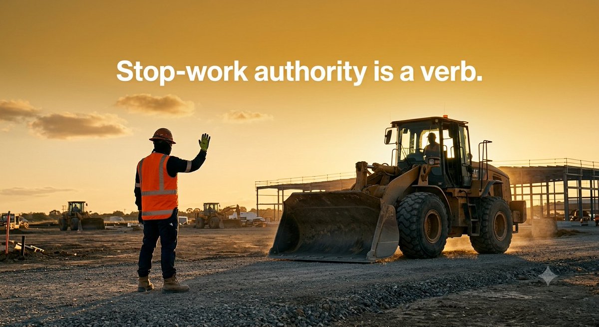 VivekVetri's tweet photo. Every orientation grants stop-work authority. The schedule quietly revokes it by Wednesday.

The real policy isn't the laminated card — it's what happened to the last person who used it. Programs measure whether the authority exists. Almost none measure whether it's survivable.

#EHSLeadership #ConstructionSafety #ECSafety