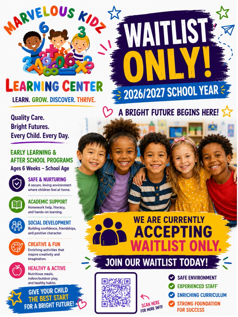 ML_Outreach's tweet photo. 📚✨ 2026–2027 enrollment is now waitlist only!

💜 HighScope Curriculum
🌟 Caring teachers
🎨 Hands-on learning
📲 Scan the QR code for more information.

#MarvelousKidz #WaitlistOnly #EarlyLearning #Preschool #ChildCare #SchoolReadiness #HighScope #FutureLearners #MLO https://t.co/LN1wexDwRv