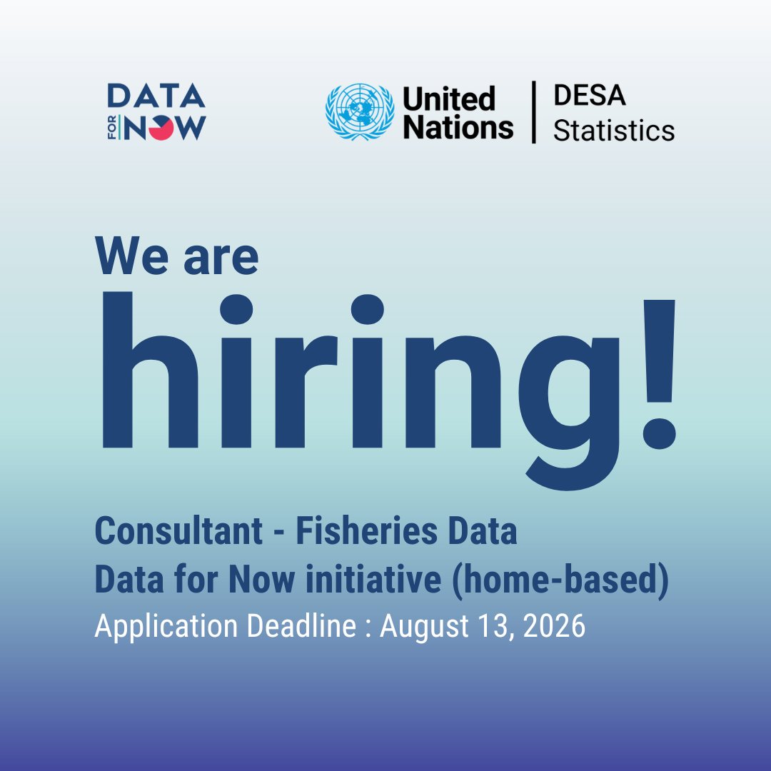 UNStats's tweet photo. 📢 We're hiring!
Join @UNStats as a Fisheries Data Consultant to support #Comoros under the #Data4Now initiative. Help strengthen fisheries data systems and SDG 14.4.1 reporting.
Apply: https://t.co/SpAWj2PFad
🗓 13 August 2026
#OfficialStatistics #SDGs https://t.co/Bd12mzZlCF