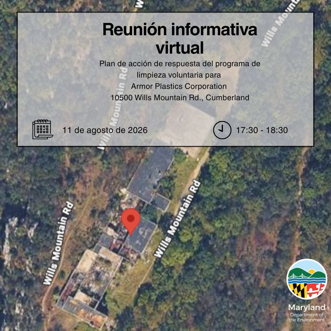 MDEnvironment's tweet photo. The property at 10500 Wills Mountain Rd, Cumberland, has been accepted into Maryland’s Voluntary Cleanup Program. A proposed Response Action Plan has been submitted to the MDE for approval. Join this virtual meeting to learn more 
🔗  https://t.co/JLHcpgL1vm https://t.co/nlpJc8Ggh3