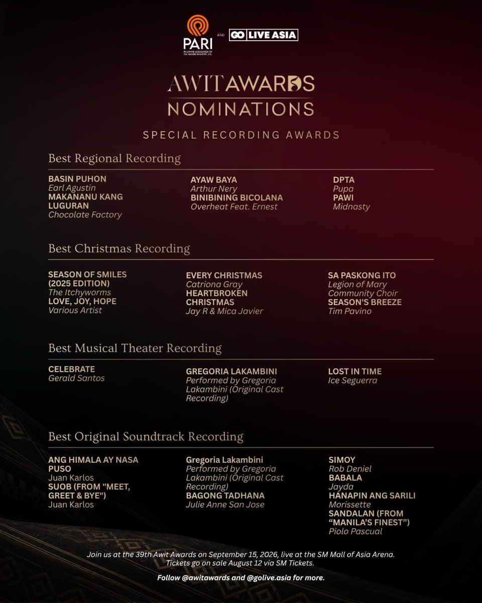 EverythingJAPS_'s tweet photo. Julie Anne San Jose is nominated at the 39th Awit Awards!

🔸️ Best Inspirational Recording - SIMULA
🔸️ Best Original Soundtrack Recording - BAGONG TADHANA 

Congratulations, Julie! Well-deserved! 🧡🧡🧡

#JulieAnneSanJose | @MyJaps https://t.co/iLsi3efwsZ