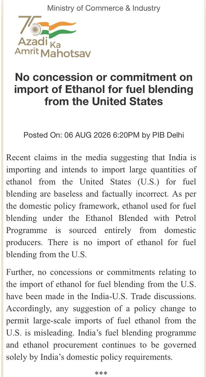 amitmalviya's tweet photo. Another one of Arvind Kejriwal’s lies on E20 has fallen apart.

The Ministry of Commerce & Industry has categorically clarified that:

✔️ India is not importing ethanol from the United States for fuel blending.
✔️ No concession or commitment has been made in India–U.S. trade talks to allow such imports.
✔️ Ethanol used under India’s blending programme continues to be sourced entirely from domestic producers.

This comes after a series of fear-mongering claims and misinformation around the E20 programme.

Facts matter. Propaganda doesn’t.

#E20 #EthanolBlending #FactCheck #PIB #ModiGovt