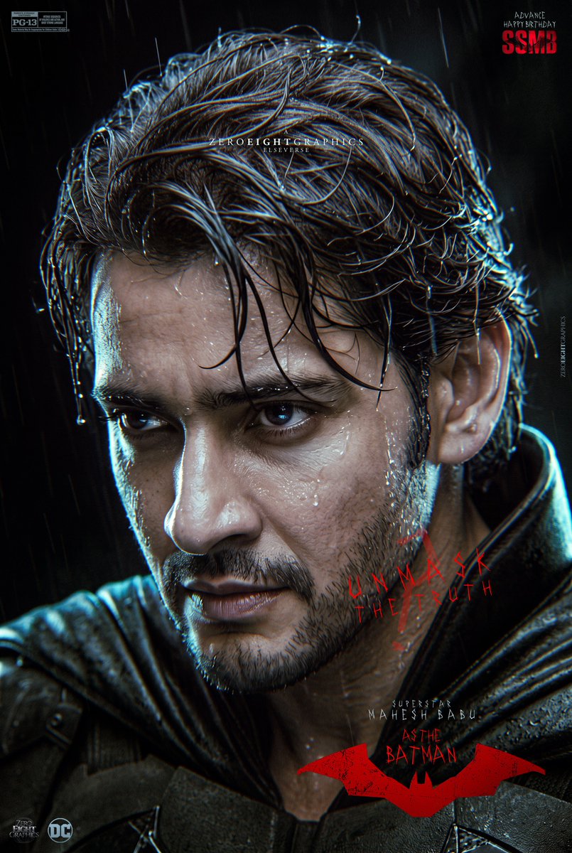 Zero8Graphics's tweet photo. Imagine…

The lights go off.
Rain starts.
“i’ M B atman.” #UnmaskTheTruth 

Presenting you the first poster of #TheBatman x #MaheshBabu from the elseverse of @Zero8Graphics 

No one. I repeat, NO ONE in India can pull off Bruce Wayne like Babu. 🦇

Change my mind. 
@urstrulyMahesh 
#Varanasi