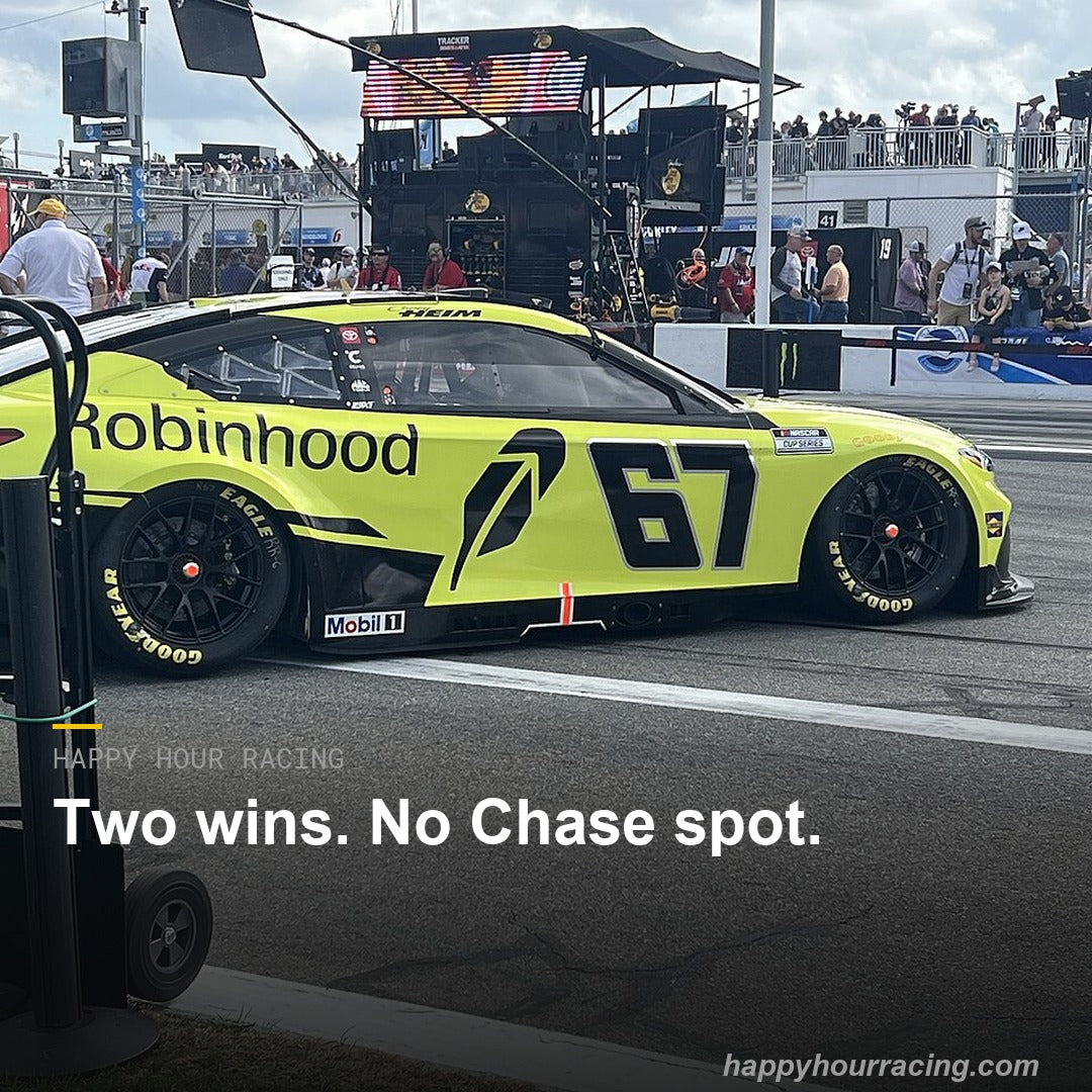 HappyHourRacin's tweet photo. Two wins. Zero Chase spots. Corey Heim won at Coronado and the Brickyard 400 on a 12-race part-time deal and is not in the 16, because there is no win-and-you're-in in 2026. Drivers with zero wins are locked in ahead of him. #NASCAR #CoreyHeim https://t.co/z0resSd6ZK