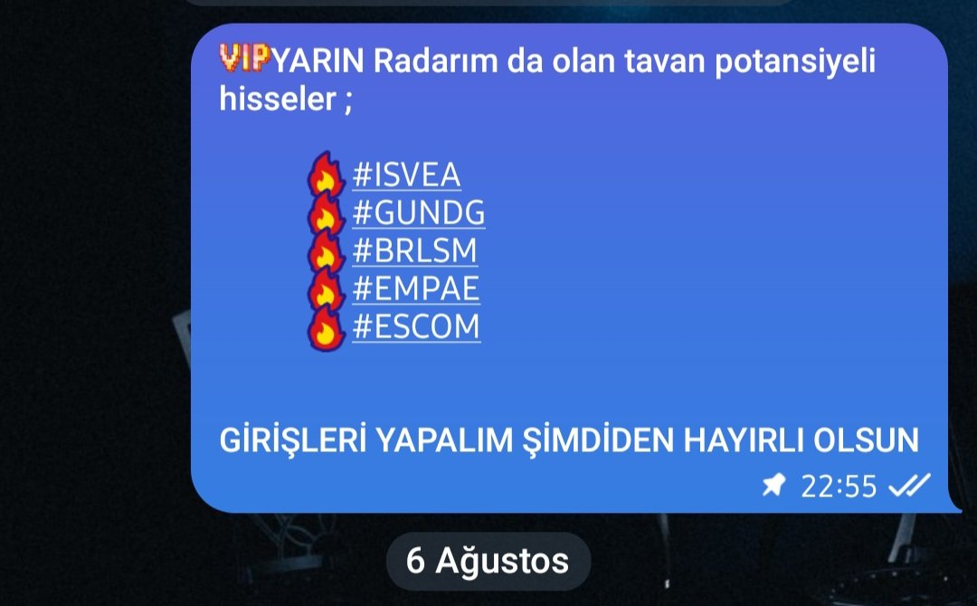 duygu_arslan777's tweet photo. 🎯 Radar verdik, 5’te 5 alındı!

💠 #ISVEA +%5.14            🚀Tavan 
💠 #GUNDG +%10.00      🚀Tavan
💠 #BRLSM +%4.37          🚀Tavan
💠 #EMPAE +%7.52         🚀Tavan
💠 #ESCOM +%4.54         🚀Tavan

Takipte kalan kazandı, sıradaki fırsatlar yolda…

📩 Katılmak için profilden linke tıkla.
https://t.co/DVSlImtta2