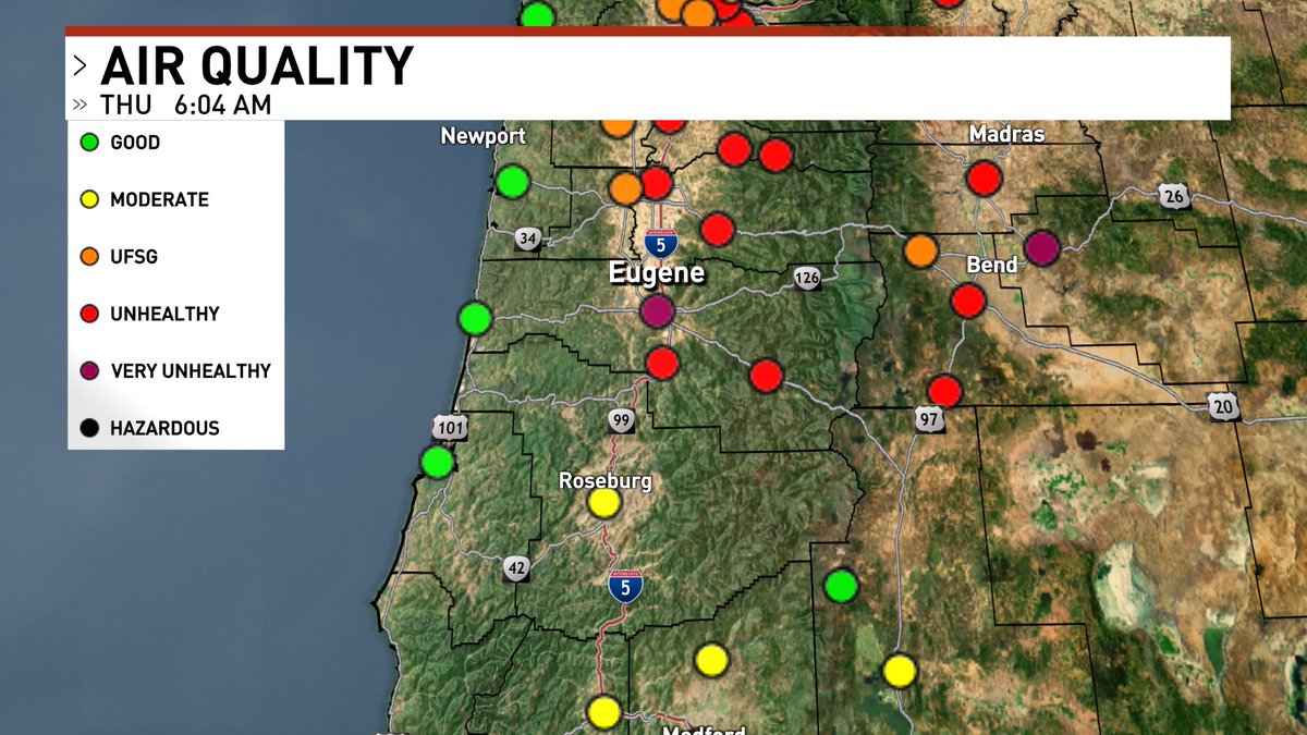 brianachaveztv's tweet photo. 'Very Unhealthy' air quality in the southern Willamette Valley throughout the early AM hours. As we head into the remainder of the day, stay inside if you can. Use a HEPA filter and keep your windows and doors closed. #orwx #airquality #swor @KMTR @KVALnews https://t.co/ftN8Yi6HwL