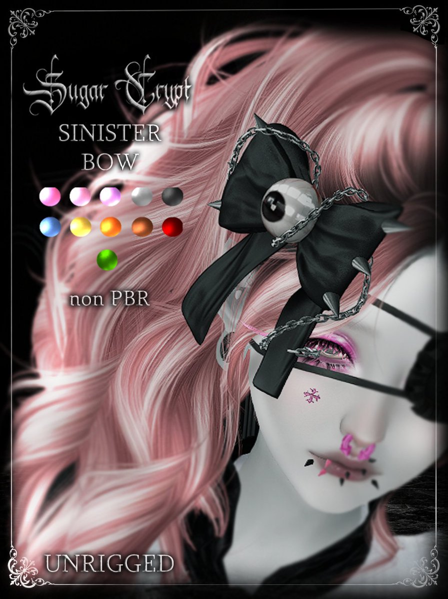 peachyyyhime's tweet photo. ♱ Sugar Crypt - Sinister Bow ♱ out now at my MAINSTORE!

♱ non PBR

♱ Dyeable Parts ♱
- Bow
- Spikes
- Chain

♱ Unrigged
♱ 11 different color options
♱ copy/mod/nt

༉‧₊˚. TELEPORT:
https://t.co/v4fDcXagQ3 https://t.co/0dRYWRlQjs