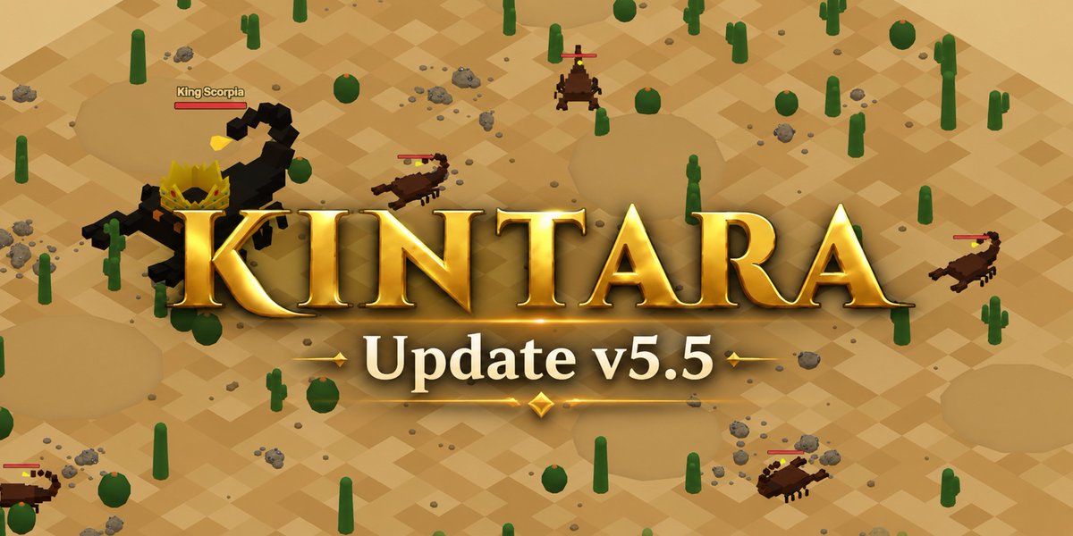 PlayKintara's tweet photo. 🏜️ KINTARA UPDATE v5.5

Dunes South is officially open.

This is Kintara’s first PvP realm with no safe zones, fences or protected arrival areas. Full loot, open PvP and extreme heat begin the moment you enter.

King Scorpia has moved here alongside eight Scorpions, meaning players can no longer fight him from the safety of a fence line. Follow the new sand track south through The Dunes West to reach him.

1/5 🧵