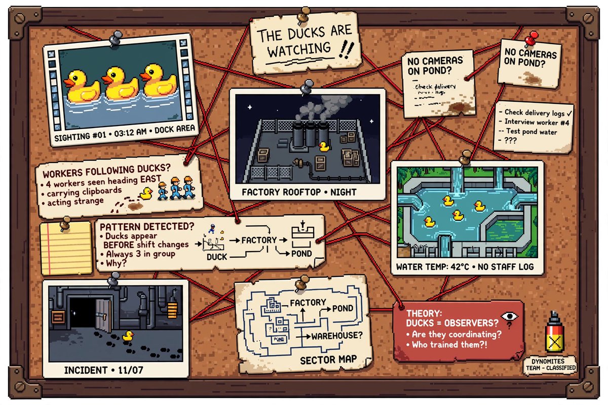 ImanuelMar42932's tweet photo. 🦆🔍 CASE FILE #0420 - THE GREAT RUBBER DUCK MYSTERY 🔍🦆
Dynos, I've spent 72 hours investigating. Something doesn't add up in Craft World.
This is NOT normal. 🧵👇
@AngryDynomites #RubberDuckFiles
1/ THE ORIGIN
The first Rubber Duck came from the CEO's bathtub in 1952. It fell into the chemical drain and mutated under Coolant Pond Sector 7.
It never left. It became the GOD DUCK.
2/ WHY ONLY RAWRShine? 🏖️
Heat = their invisibility breaks. RAWRShine is molting season. The ponds get warm enough for them to HATCH.
Voya Games knew. That's why they return every summer Masterpiece.
3/ WHAT ARE THEY DOING?
My board says it all.
They're AUDITING us. Every duck is a cam.
- On rooftops? Lookouts
- In ponds? Charging
- Workers following them? Mind-controlled by 432Hz QUACK frequency.
THE DUCKS ARE WATCHING.
4/ WHY WORKERS FOLLOW THEM?
They tip in RAWR Crystals. Fr.
I followed one yesterday. It led me to a stash of 50 Crystals behind the factory. They are BRIBING us to stay quiet.
5/ THE VACATION LIE
I FOUND THEIR AIRBNB LISTING.
DuckBNB - Craft World Resort
⭐ 5.0 "Quacktastic! 10/10 would float again!"
99 Dynos / night
We can't get rid of them because they PAID FOR THE WHOLE SUMMER. You can't evict a guest with a booking.
6/ COLLECT TOO MANY = YOU'RE NEXT
I collected 99 ducks. Last night one appeared in my inventory with a note: "see you next summer ;)"
Rumor in factory: workers who collect 100 turn into a duck on the rooftop at 3AM.
Don't.
Craft World by @Voya_Games on @Ronin_Network is deeper than we thought.
Every mystery has an answer. Unless the ducks have something to say about it.
#RubberDuckFiles #CraftWorld #VoyaGames #RoninNetwork #RAWRShine #AngryDynomitesLab #Web3Gaming #Ronin