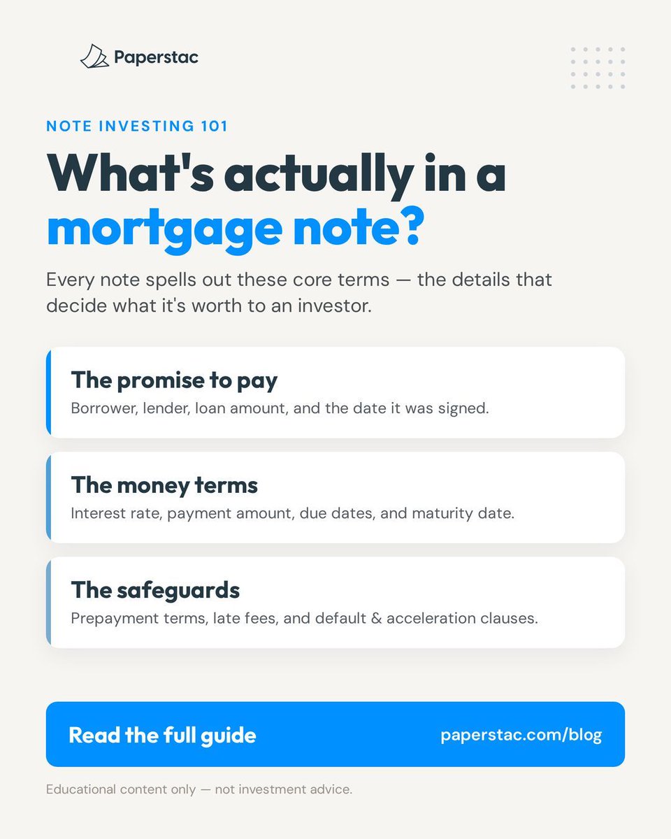 paper_stac's tweet photo. Ever wondered what’s actually inside a mortgage note?
It comes down to three things: the promise to pay (borrower, lender, amount, date), the money terms (rate, payments, maturity), & the safeguards (prepayment, late fees, default clauses).
https://t.co/dowrRCUOJQ
#NoteInvesting https://t.co/JiZI6VvHL9