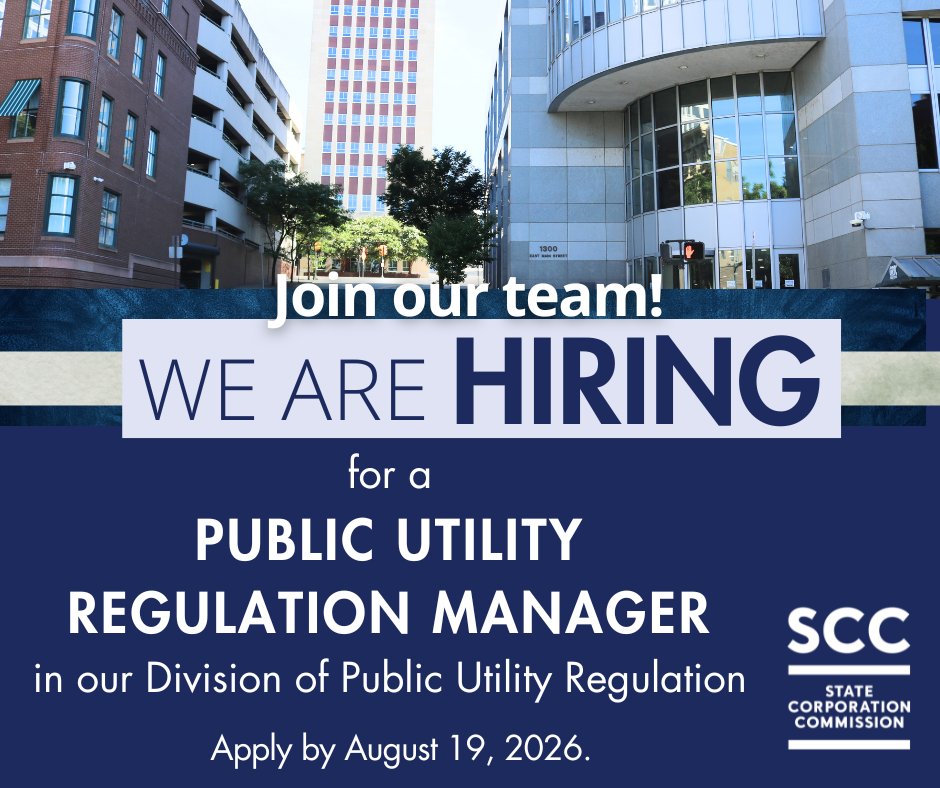VAStateCorpComm's tweet photo. Virginia State Corporation Commission has a #jobopening for a Public Utility Regulation Manager with our Division of Public Utility Regulation. Apply by Aug. 19, 2026. Visit SCC Career Center to learn more about position &amp; apply: https://t.co/Je71JlUchS #careers #jobs #hiringnow https://t.co/3lqHpDMpxY