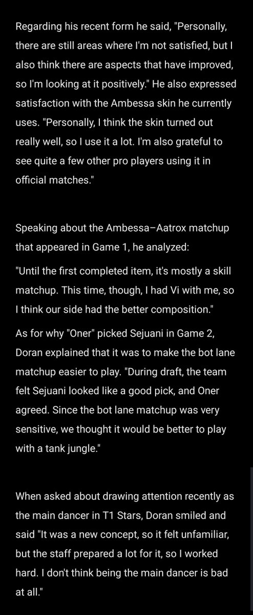 doramjwi_'s tweet photo. When asked about his deathless Ambessa in Game 1, Doran credited his teammates instead. "I was able to shine in the late game, but my teammates created great situations for me early on, which allowed me to play comfortably."

full article:
https://t.co/CerIGPJpUE https://t.co/zHsSMtgE9B