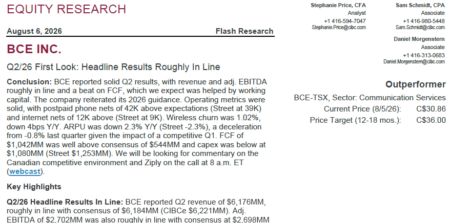 TSXDivStock's tweet photo. After Telus cut guidance, $BCE.TO results today should be welcome news. CIBC comments: https://t.co/4FnAfRnUXv