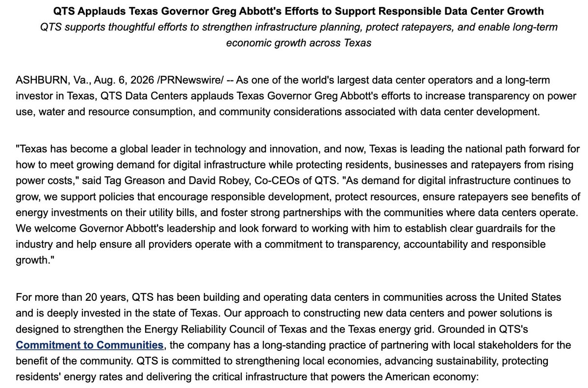 bradj_TX's tweet photo. Inbox: QTS Data Centers, "one of the world's largest data center operators and a long-term investor in Texas," announces support for @GregAbbott_TX's audit directive issued earlier this week that will pause the current pace of batch zero. #txlege https://t.co/xD18MGhhz1