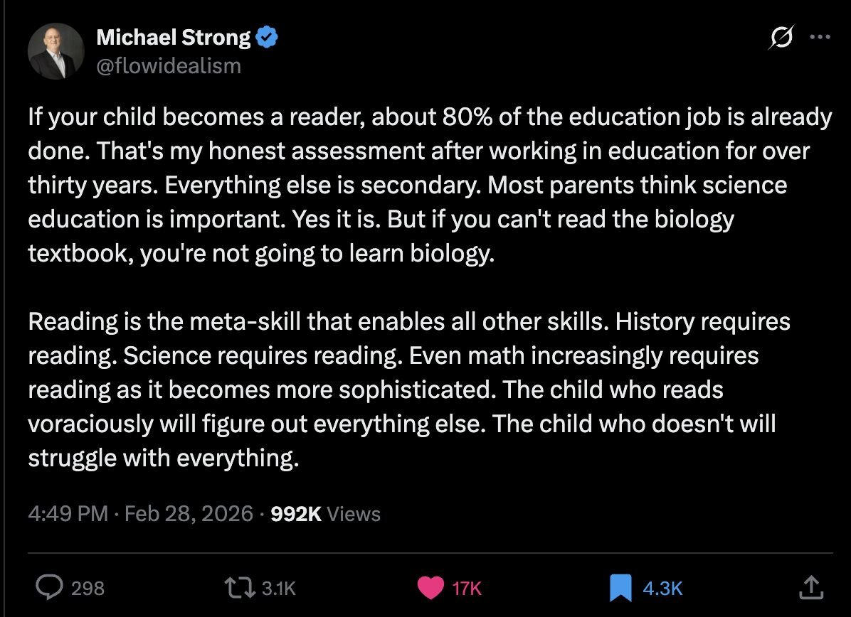 AlexAndBooks_'s tweet photo. Michael Strong has spent 30+ years in education.

Here's what he's found:

"If your child becomes a reader, about 80% of the education job is already done."

"The child who reads voraciously will figure out everything else. The child who doesn't will struggle with everything." https://t.co/vPo4wkkVFt