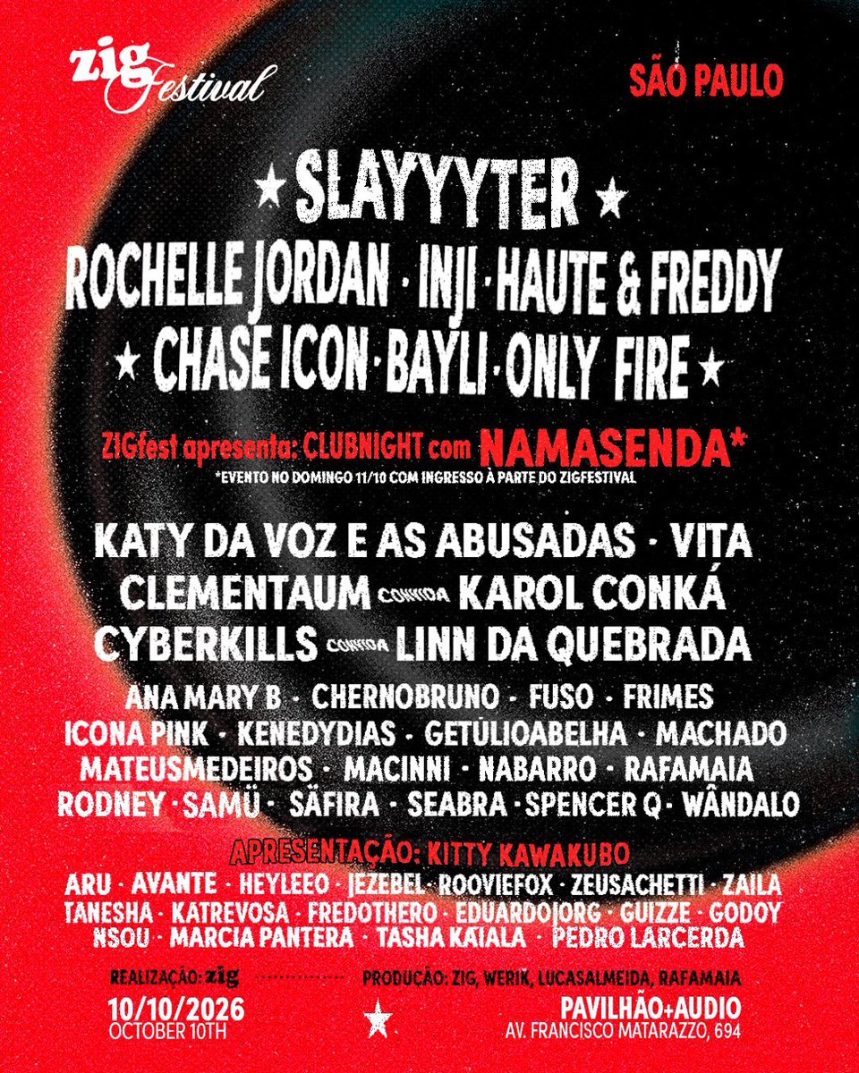 igorogh's tweet photo. SAIU! 🚨 Confira o line-up completo do ZIG Festival, que acontece em São Paulo no dia 10 de outubro.

💥 Slayyyter, Rochelle Jordan, INJI, Haute &amp; Freddy, Chase Icon, BAYLI, Only Fire e Namasenda estão confirmados no festival. https://t.co/2fiyCvmbs7