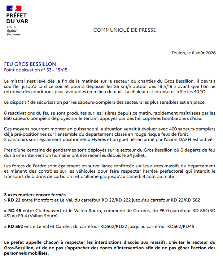 Image de Préfet du Var - #Feu #GROSBESSILLON | Jeudi 6 août  - 15h15      
 ✔ Point de situation ⤵️
> 8 réactivations du feu 