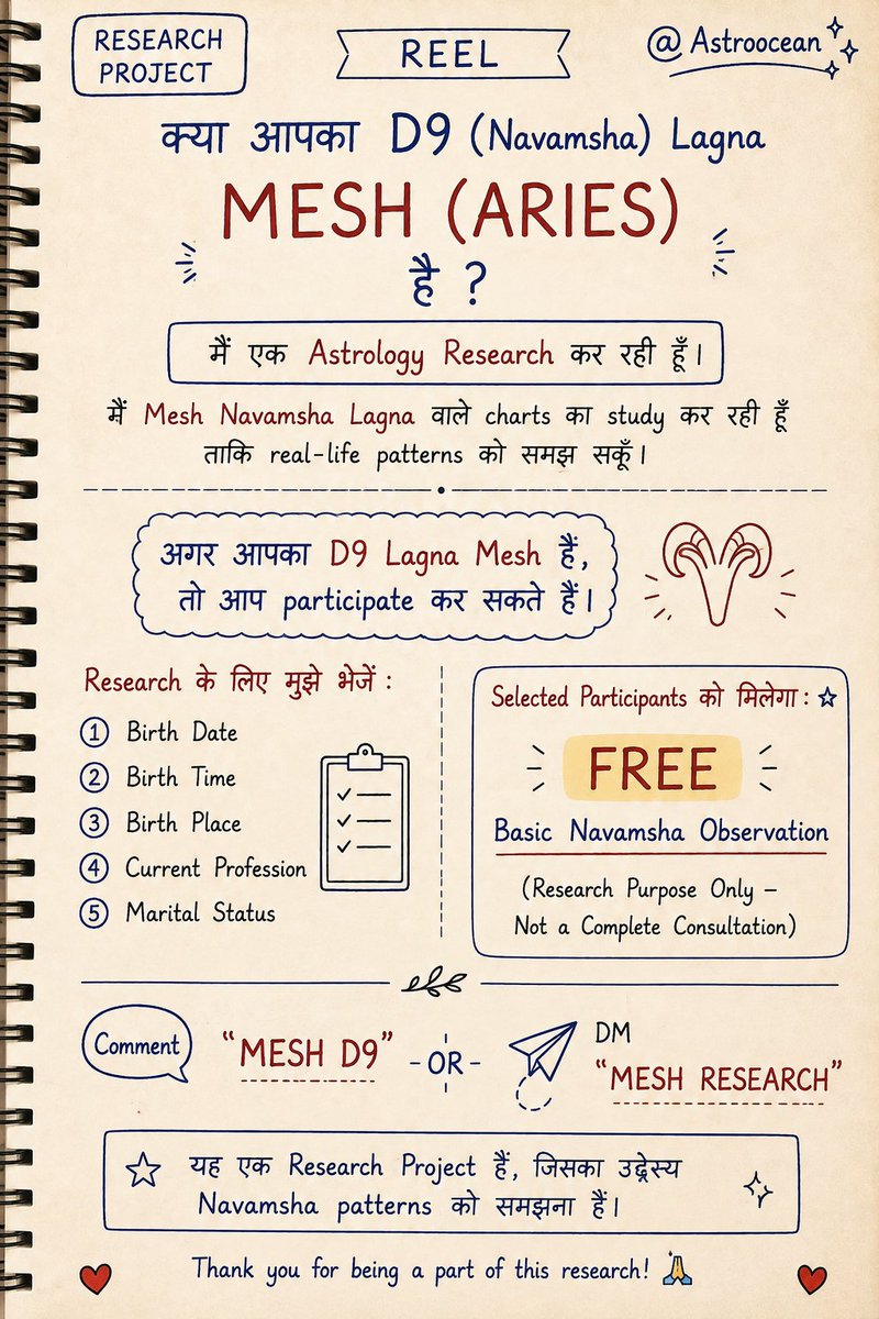 oceanofrohini's tweet photo. Looking for married individuals with an Aries (Mesh) Navamsha (D9) Ascendant for an ongoing Vedic Astrology research project. If your D9 Lagna is Aries, please DM your birth details. Selected participants will receive a free basic research observation.
#VedicAstrology #Navamsha https://t.co/iV9IEROwLm