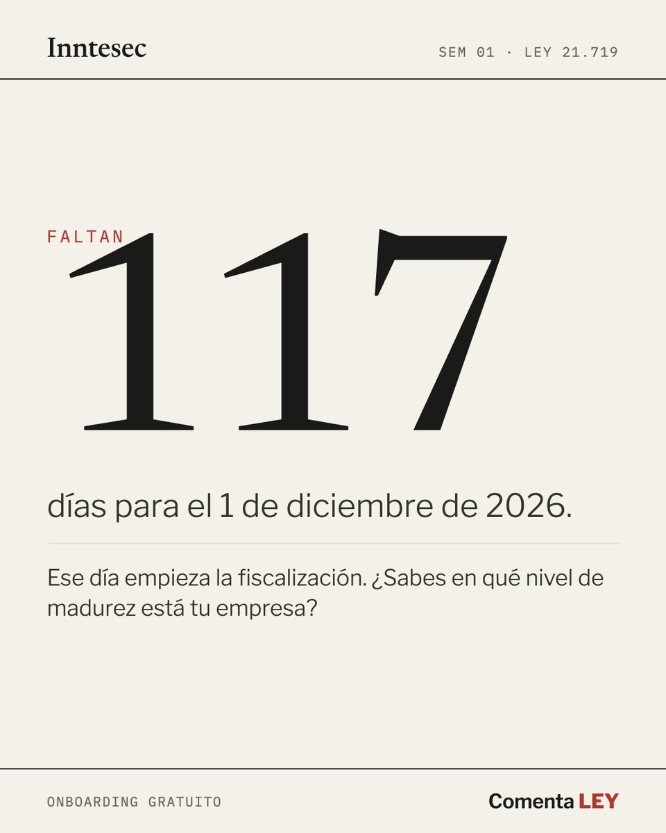 giovanibecerra's tweet photo. Quedan 117 días para que entre en vigencia la 𝗟𝗲𝘆 𝟮𝟭.𝟳𝟭𝟵 𝗱𝗲 𝗣𝗿𝗼𝘁𝗲𝗰𝗰𝗶𝗼́𝗻 𝗱𝗲 𝗗𝗮𝘁𝗼𝘀.

Ese día la Agencia comienza a fiscalizar y va a pedir evidencia operativa, no políticas.

Multa máxima de 20.000 UTM. En reincidencia, hasta 60.000 UTM o el 4% de los ingresos anuales.