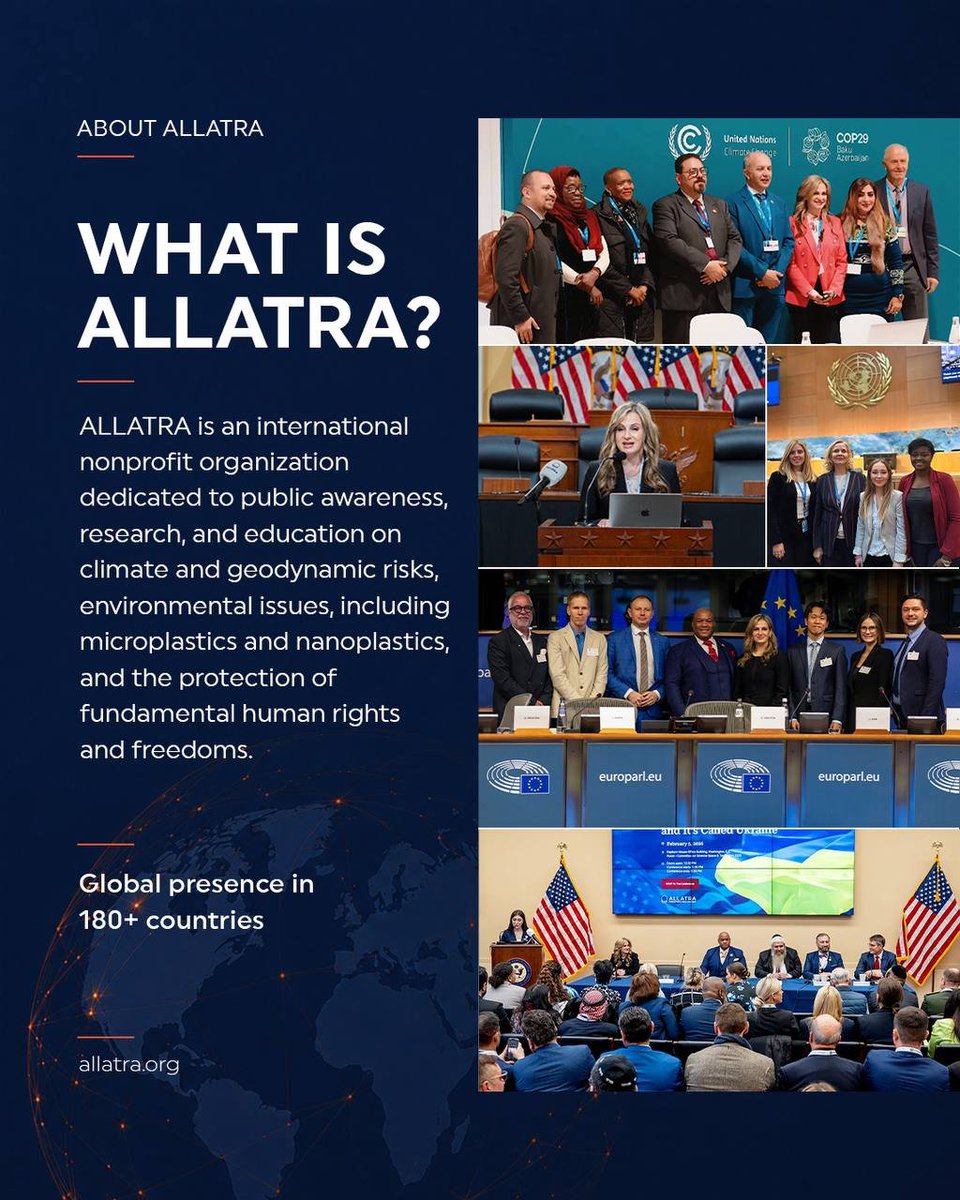 allatra_org's tweet photo. What Is ALLATRA?
ALLATRA is an international nonprofit organization dedicated to research, public awareness and education on global challenges that affect people, communities and the planet.

Our work focuses on three interconnected areas:

• climate and geodynamic risks;
• environmental challenges, including microplastics and nanoplastics;
• the protection of fundamental human rights and freedoms.

We bring together research, communication and international dialogue to help complex global issues become better understood and more widely discussed.

To learn more, visit https://t.co/1KTbir3ntV 
#allatra
