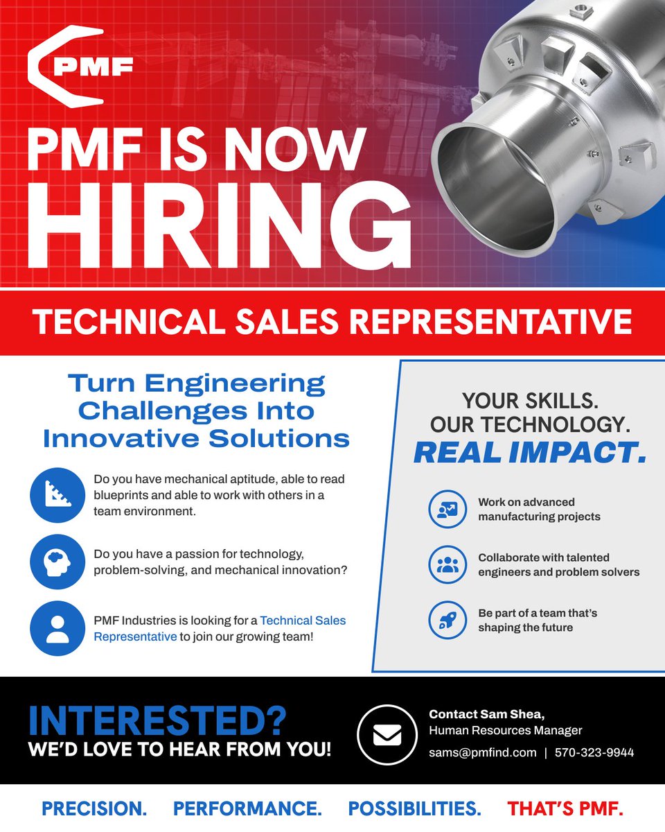 pmfindustries's tweet photo. Join our team as a Technical Sales Representative in Williamsport, PA, where your technical expertise and passion for customer success will help manufacturers solve complex challenges and achieve their goals.
Apply: https://t.co/EzIyi4pEAS
#TechnicalSales #ManufacturingCareers #AerospaceEngineering #WilliamsportPA #EmployeeOwned