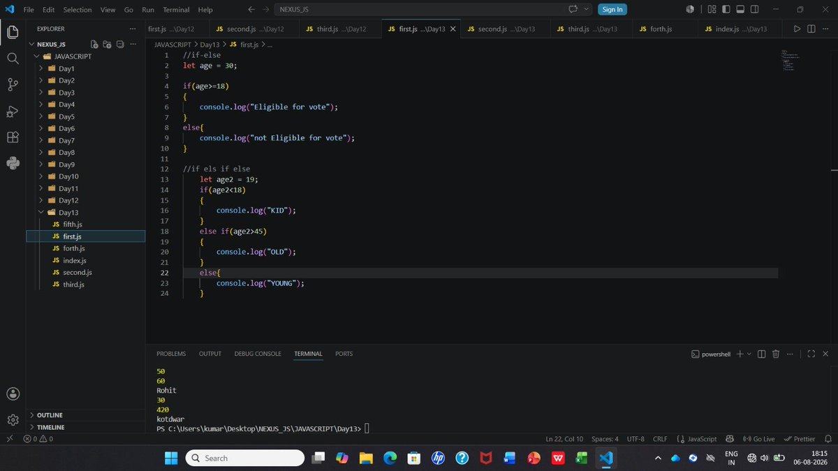 ArpitKumar4527's tweet photo. Day 44 of my Web Development Journey 🚀
Today I learned JavaScript Conditional Statements, Loops, Switch Case, and Variable Scope. Every concept is making my programming fundamentals stronger. ⚡💻

COMPLETED Lecture 13:✅

#JavaScript #WebDevelopment #100DaysOfCode #Coding https://t.co/942b6c3WwK