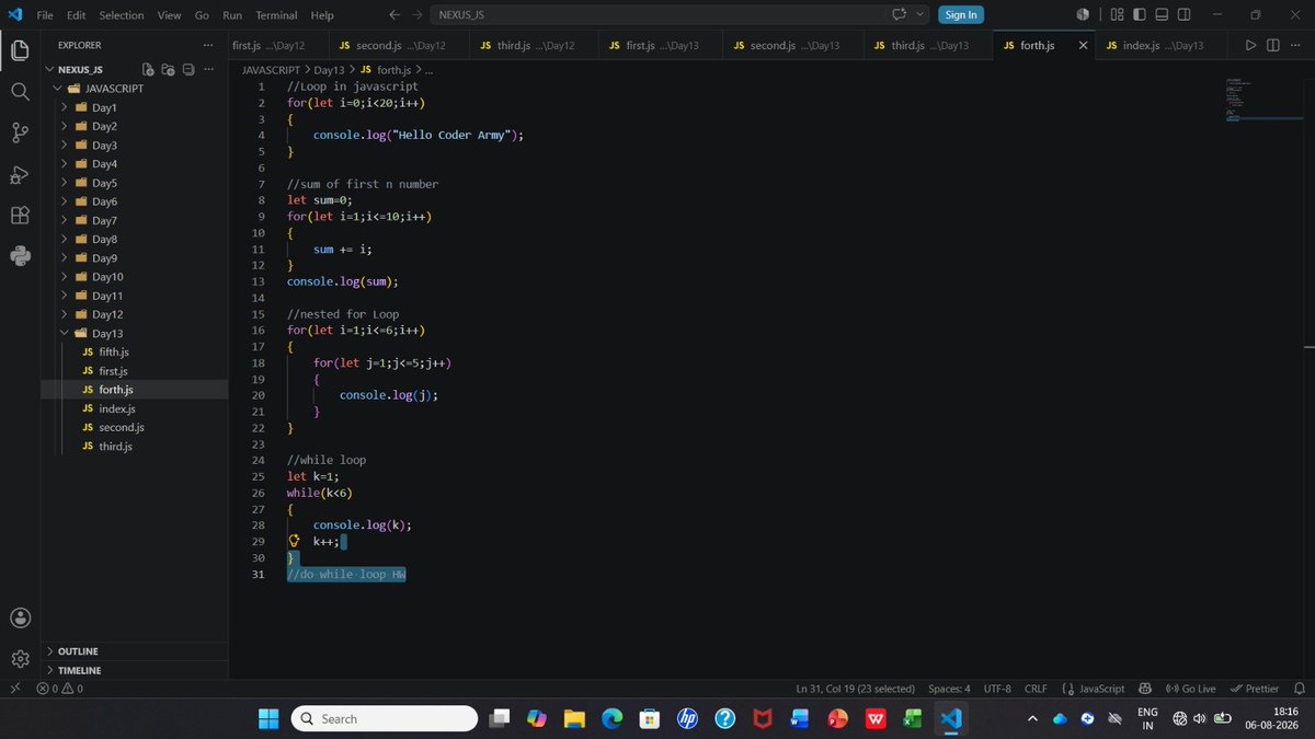 ArpitKumar4527's tweet photo. Day 44 of my Web Development Journey 🚀
Today I learned JavaScript Conditional Statements, Loops, Switch Case, and Variable Scope. Every concept is making my programming fundamentals stronger. ⚡💻

COMPLETED Lecture 13:✅

#JavaScript #WebDevelopment #100DaysOfCode #Coding https://t.co/942b6c3WwK