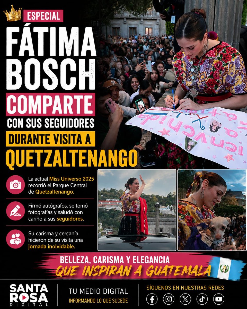 SantaRosaDgt's tweet photo. 👑🇬🇹 FÁTIMA BOSCH VISITA QUETZALTENANGO Y CONQUISTA A SUS SEGUIDORES
La Miss Universo Guatemala 2025, Fátima Bosch, visitó Quetzaltenango, donde fue recibida con entusiasmo por decenas de personas que se reunieron en el Parque Central para conocerla.
#SantaRosaDigital https://t.co/Q3QOpHkLv2